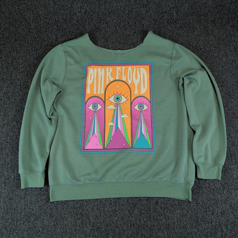 Pink Floyd‎ Retro Psychedelic Graphic Sweatshirt Womens XL Green Cotton Blend